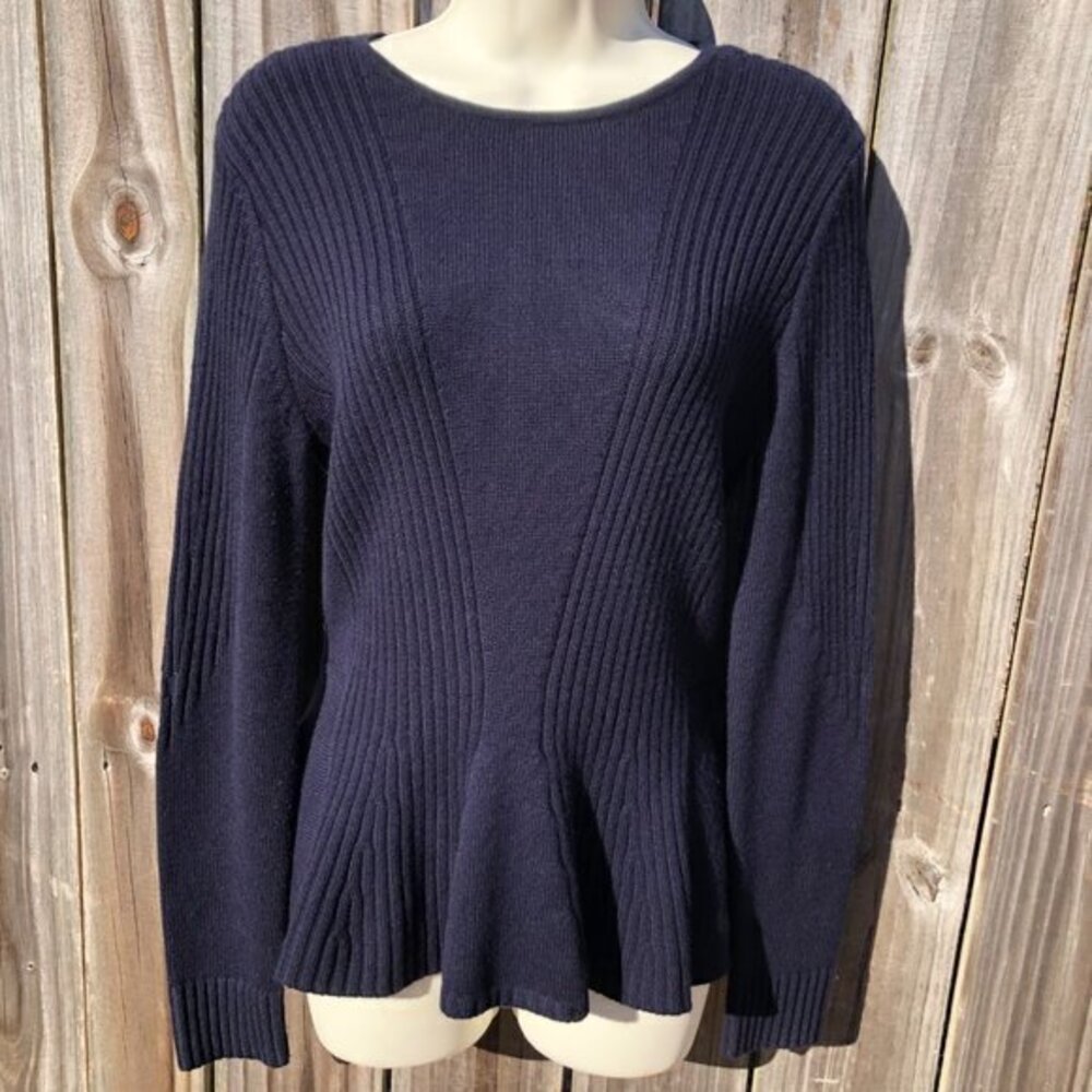 Magaschoni Medium Wool Sweater Pullover Top Peplum Navy Blue Ribbed Long Sleeve - Picture 1 of 7